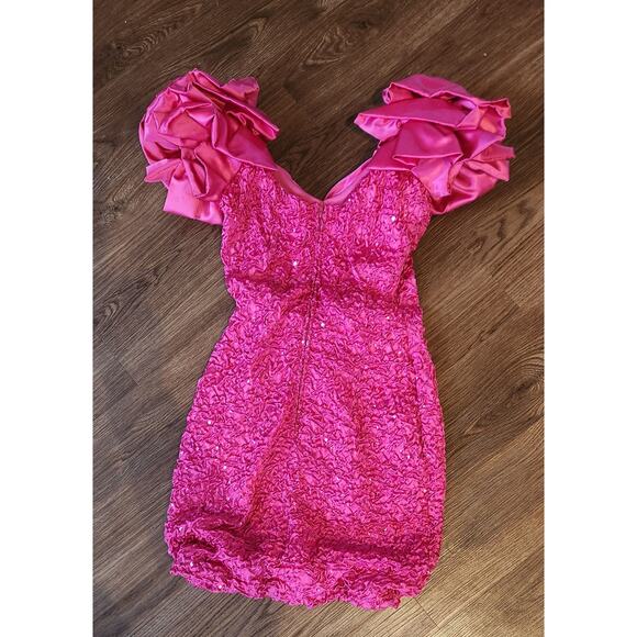 Vintage Zum Zum Hot Pink Ruffle Puff-Sleeve Mini Dress Size 5/6 Made in USA. - Picture 5 of 9